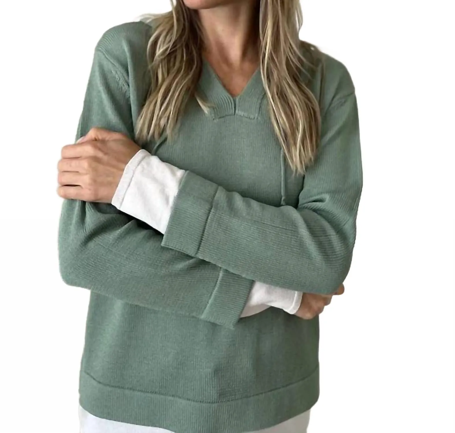 Abigail V-Neck Pullover Hoodie Sweater In Gree