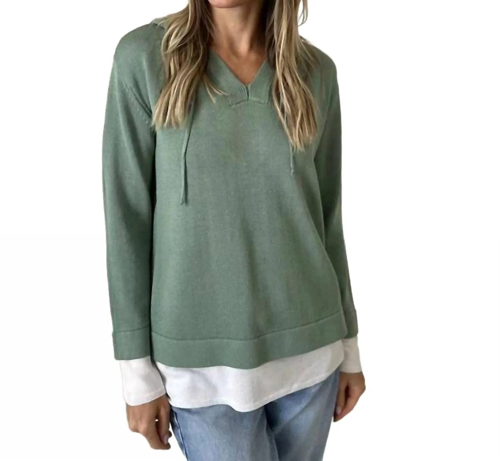 Abigail V-Neck Pullover Hoodie Sweater In Gree