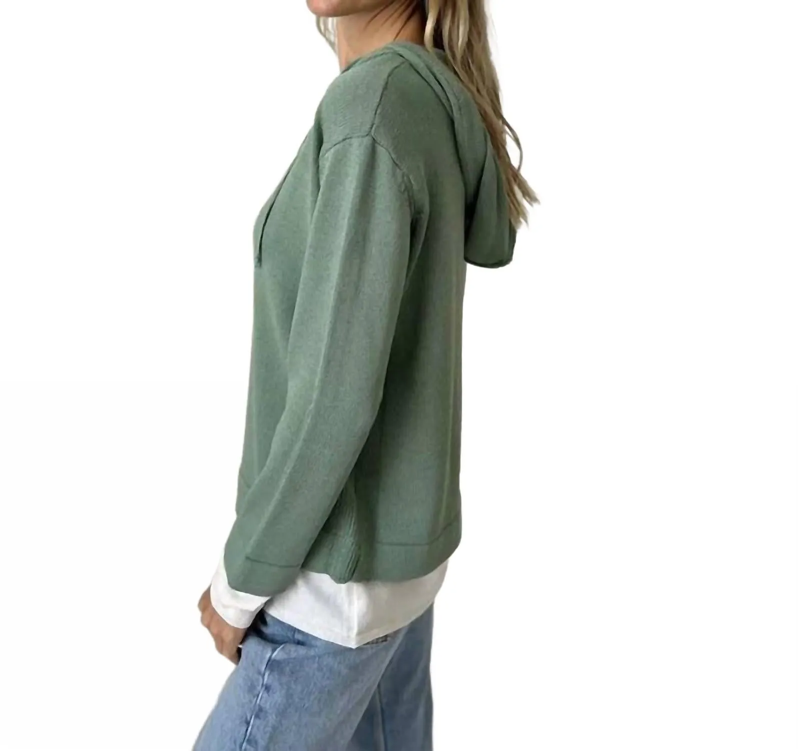 Abigail V-Neck Pullover Hoodie Sweater In Gree