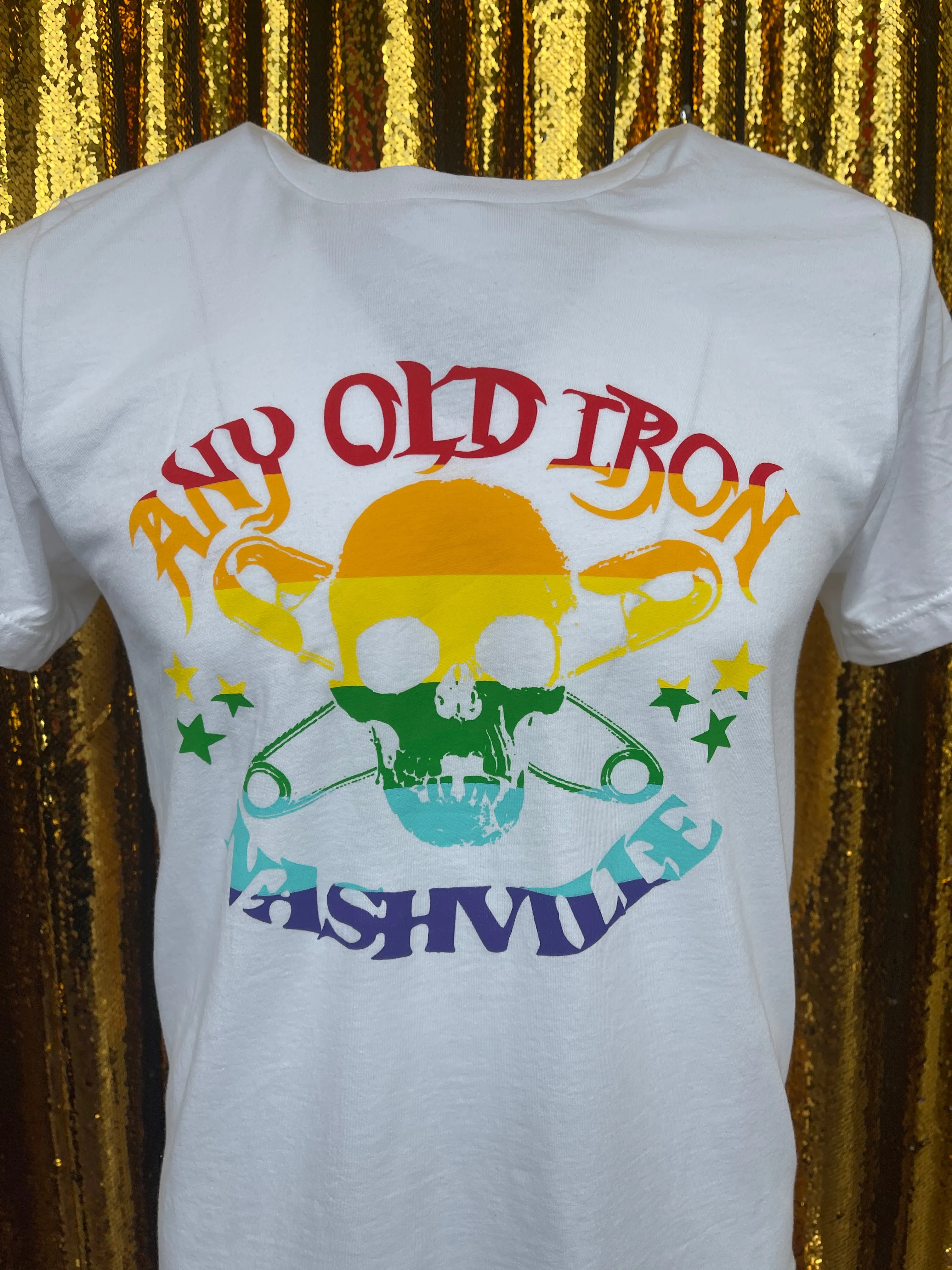 Any Old Iron Mens White Rainbow Logo T-Shirt