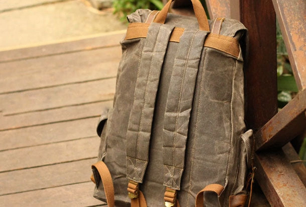 Army Green Waxed Canvas Backpack Waxed Cotton Backpack Large Canvas And Leather Backpack