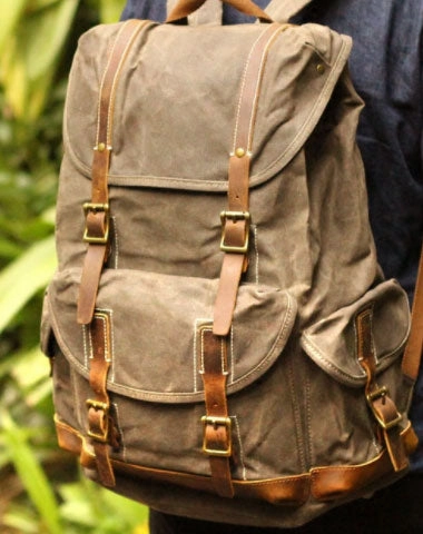 Army Green Waxed Canvas Backpack Waxed Cotton Backpack Large Canvas And Leather Backpack