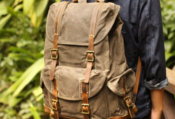 Army Green Waxed Canvas Backpack Waxed Cotton Backpack Large Canvas And Leather Backpack