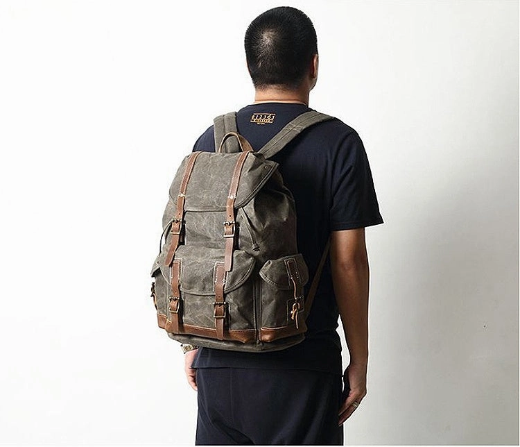 Army Green Waxed Canvas Backpack Waxed Cotton Backpack Large Canvas And Leather Backpack