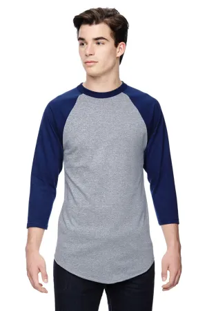 Augusta Sportswear Mens 3/4 Sleeve Crewneck T-Shirt - Heather Grey/Navy Blue