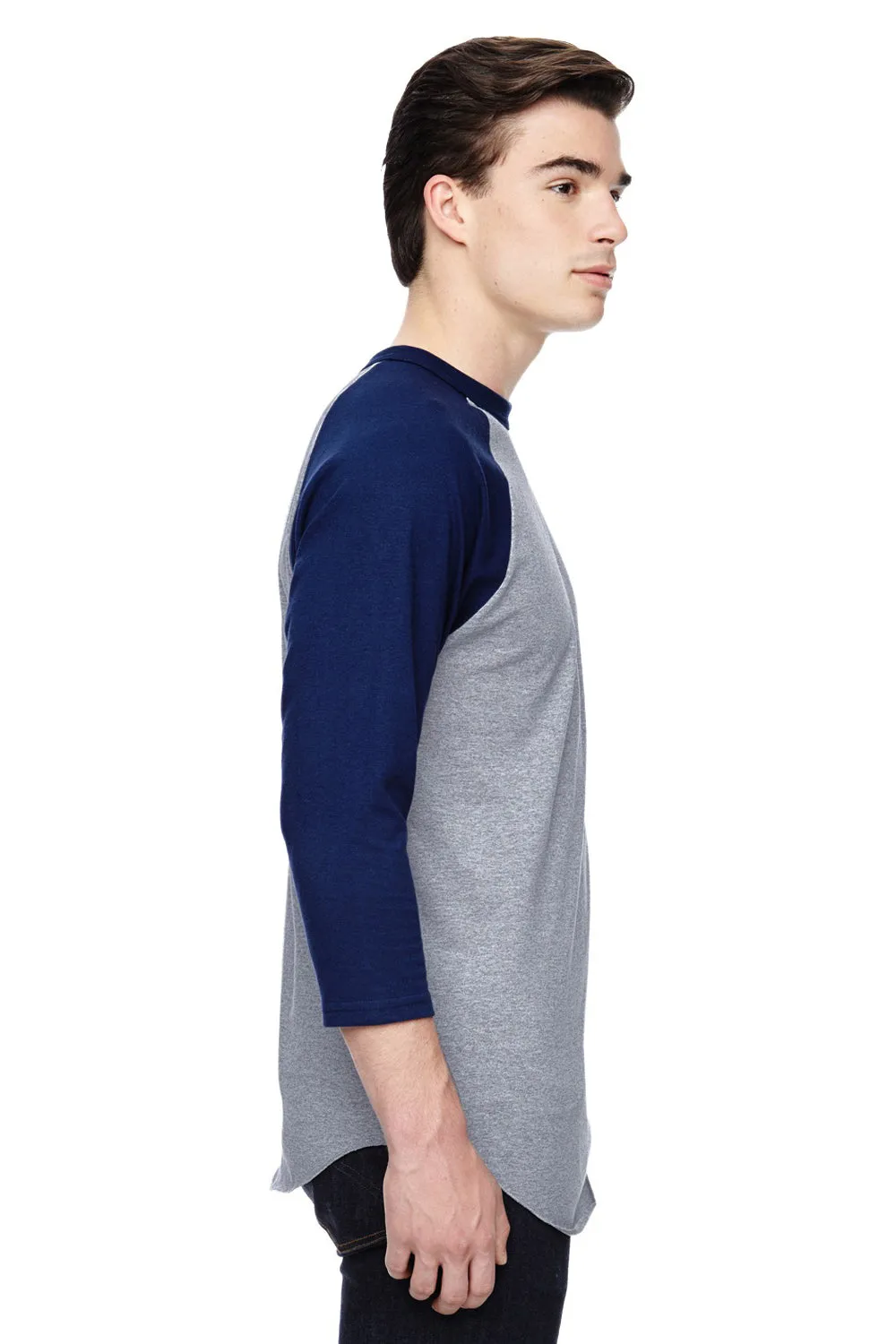 Augusta Sportswear Mens 3/4 Sleeve Crewneck T-Shirt - Heather Grey/Navy Blue