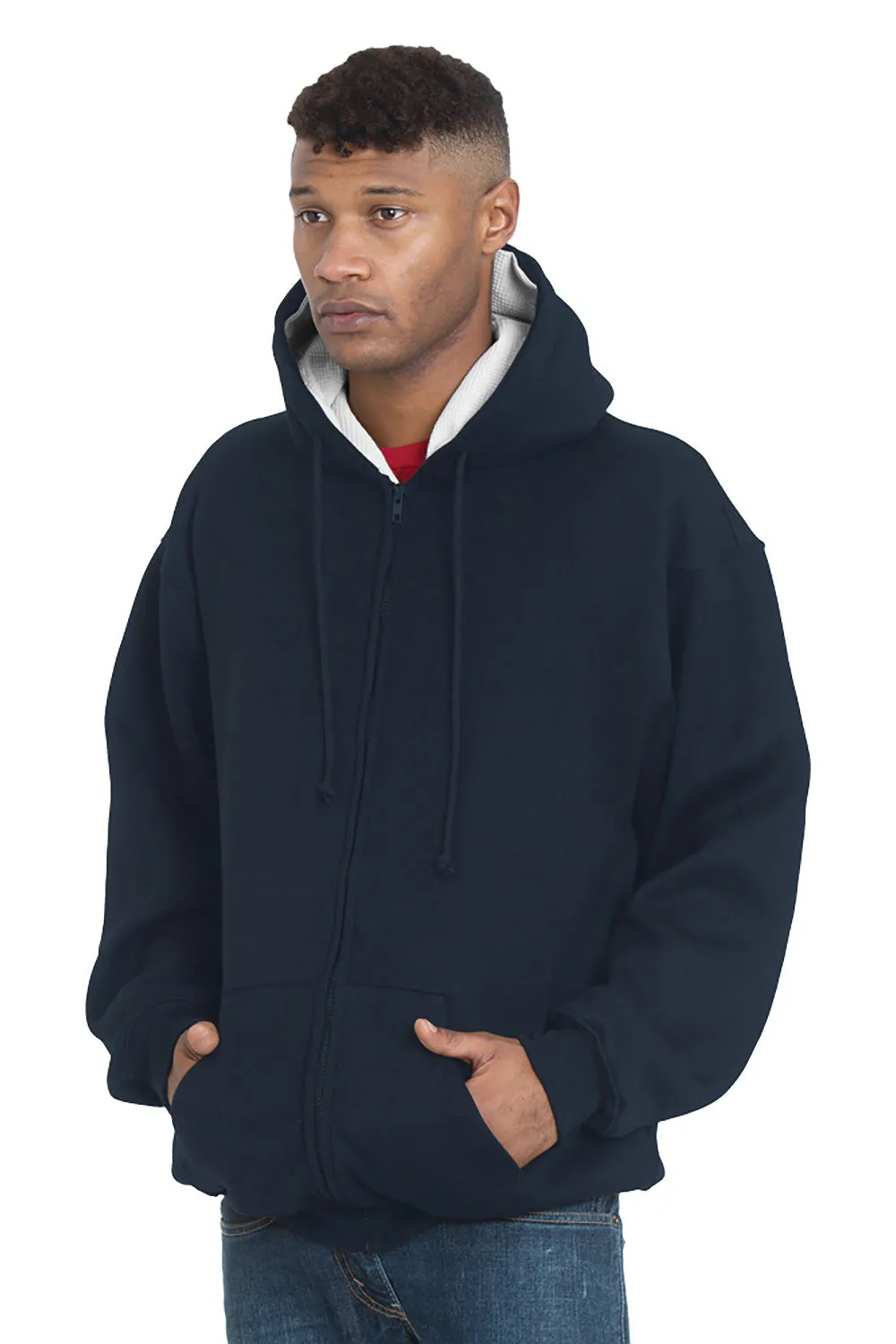 Bayside Mens Thermal Lined Full Zip Hooded Sweatshirt Hoodie w/ Pockets - Navy Blue