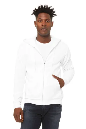 Bella   Canvas Mens Fleece Full Zip Hooded Sweatshirt Hoodie w/ Pockets - DTG White