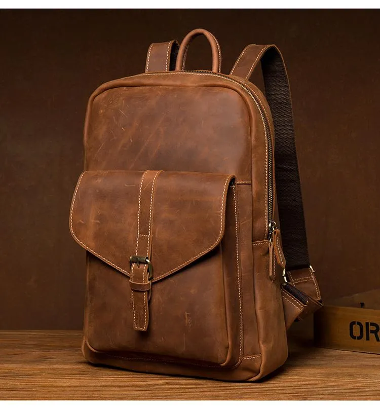 Casual Brown Large Leather Mens 15 inches Travel Backpack Computer Backpack School Backpack for Men