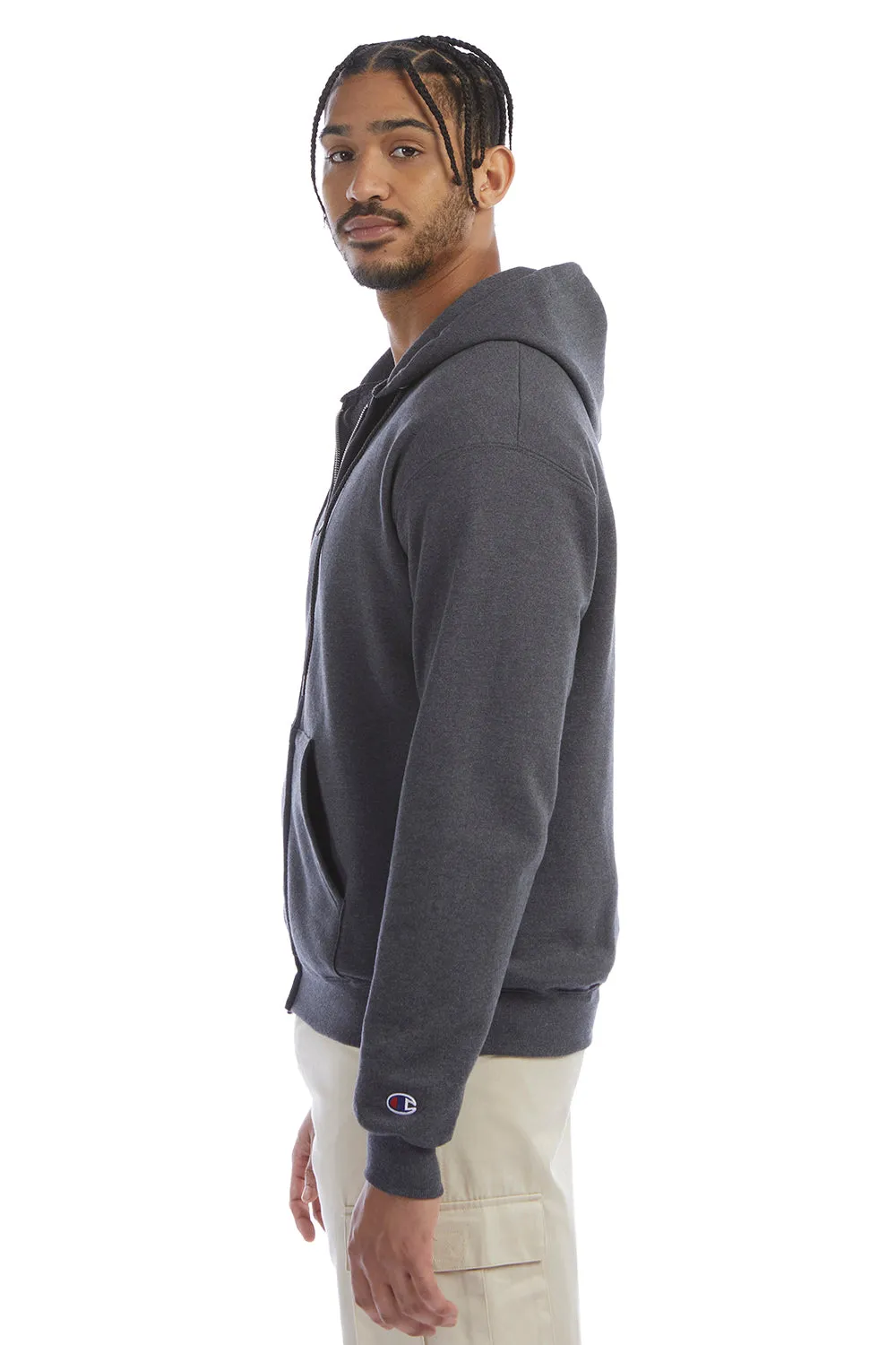 Champion Mens Double Dry Eco Moisture Wicking Fleece Full Zip Hooded Sweatshirt Hoodie w/ Pockets - Heather Charcoal Grey