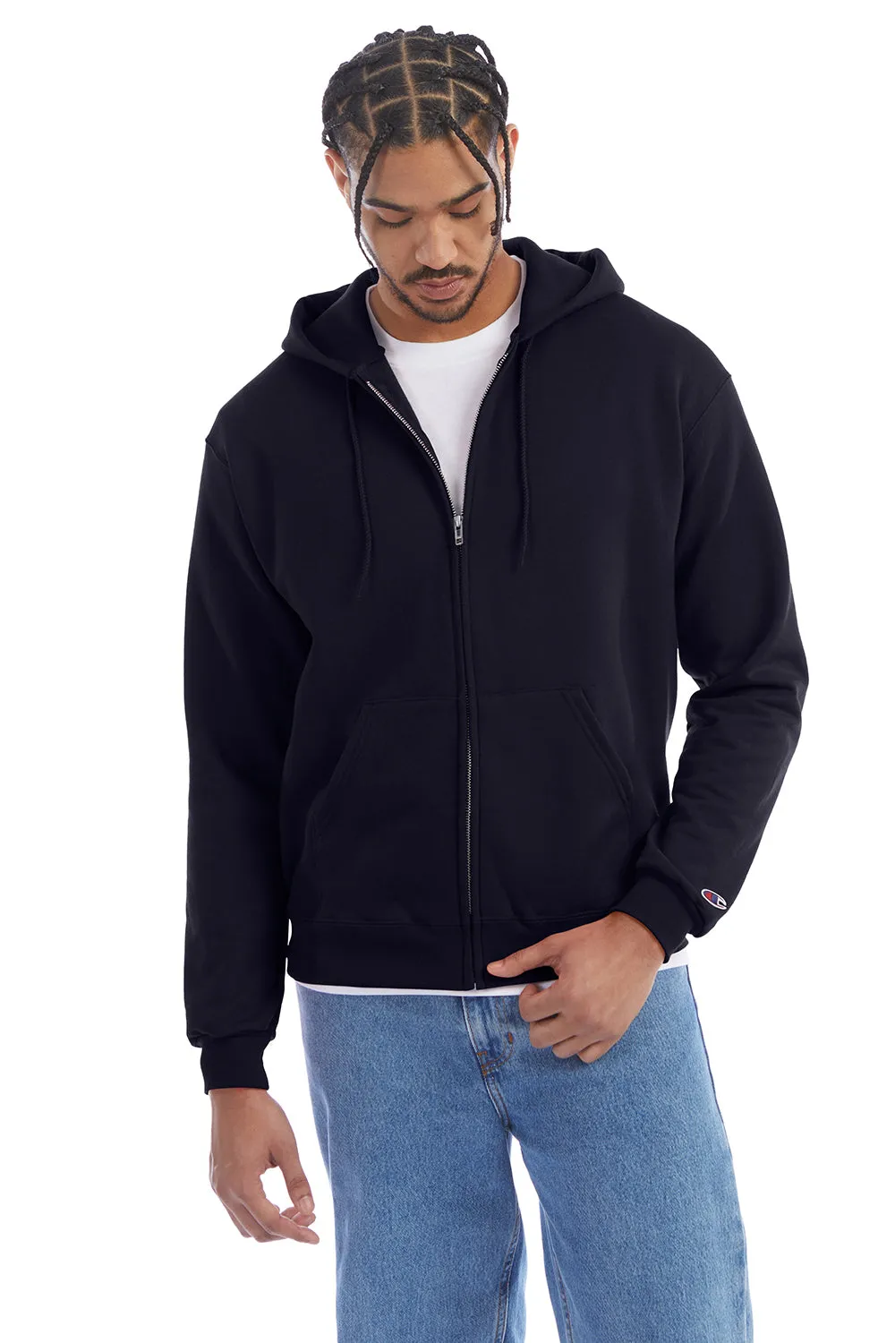 Champion Mens Double Dry Eco Moisture Wicking Fleece Full Zip Hooded Sweatshirt Hoodie w/ Pockets - Navy Blue