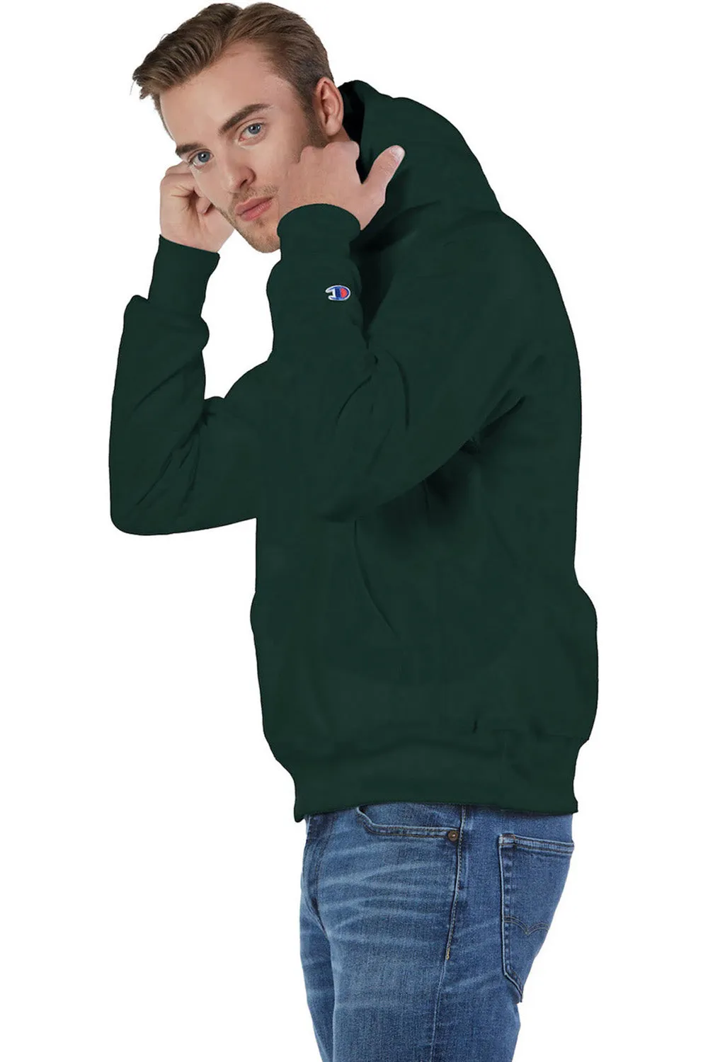 Champion Mens Shrink Resistant Hooded Sweatshirt Hoodie w/ Pouch Pocket - Dark Green