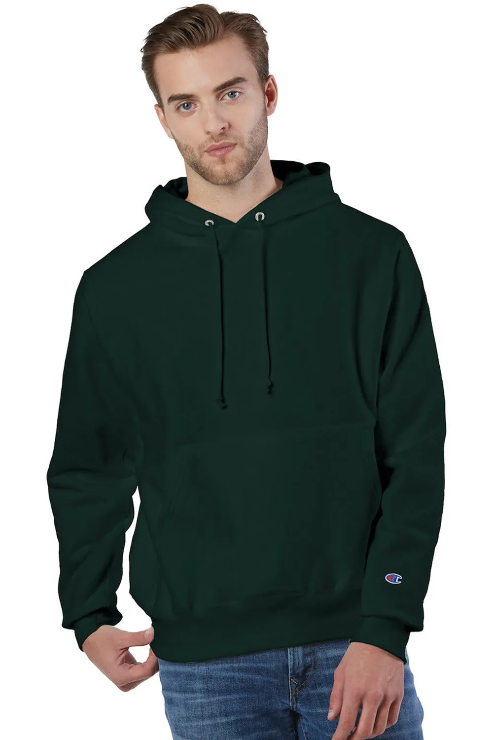 Champion Mens Shrink Resistant Hooded Sweatshirt Hoodie w/ Pouch Pocket - Dark Green