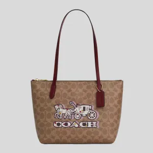 Coach Bags COACH Fiona Zip Tote Bag In Signature Canvas With Horse And Carriage Print CX587