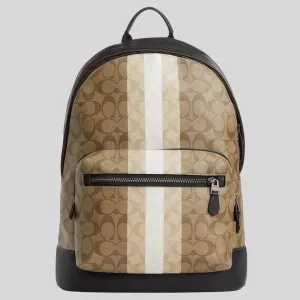 Coach Bags COACH West Backpack In Blocked Signature Canvas With Varsity Stripe Khaki Multi CQ629