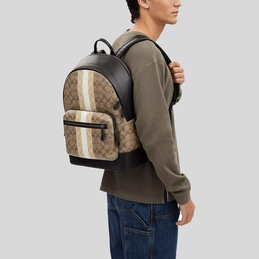 Coach Bags COACH West Backpack In Blocked Signature Canvas With Varsity Stripe Khaki Multi CQ629