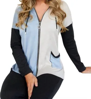 Color Block Zip Hoodie With Pocket In Ice Combo
