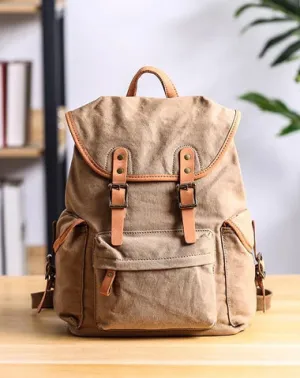 Cool Canvas Leather Mens Womens 13'' White Backpack Khaki Travel Backpack College Backpack  for Men