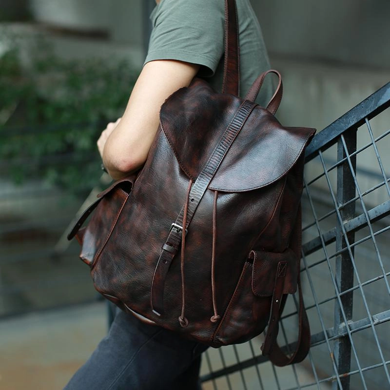 Cool Black Coffee Mens Leather Backpack Travel Backpack School Backpacks for men
