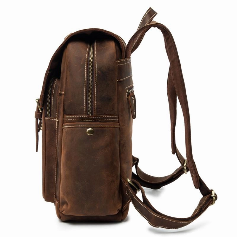 Cool Brown Mens Leather Dark Brown 14" Backpack Travel Backpack College Backpack for Men