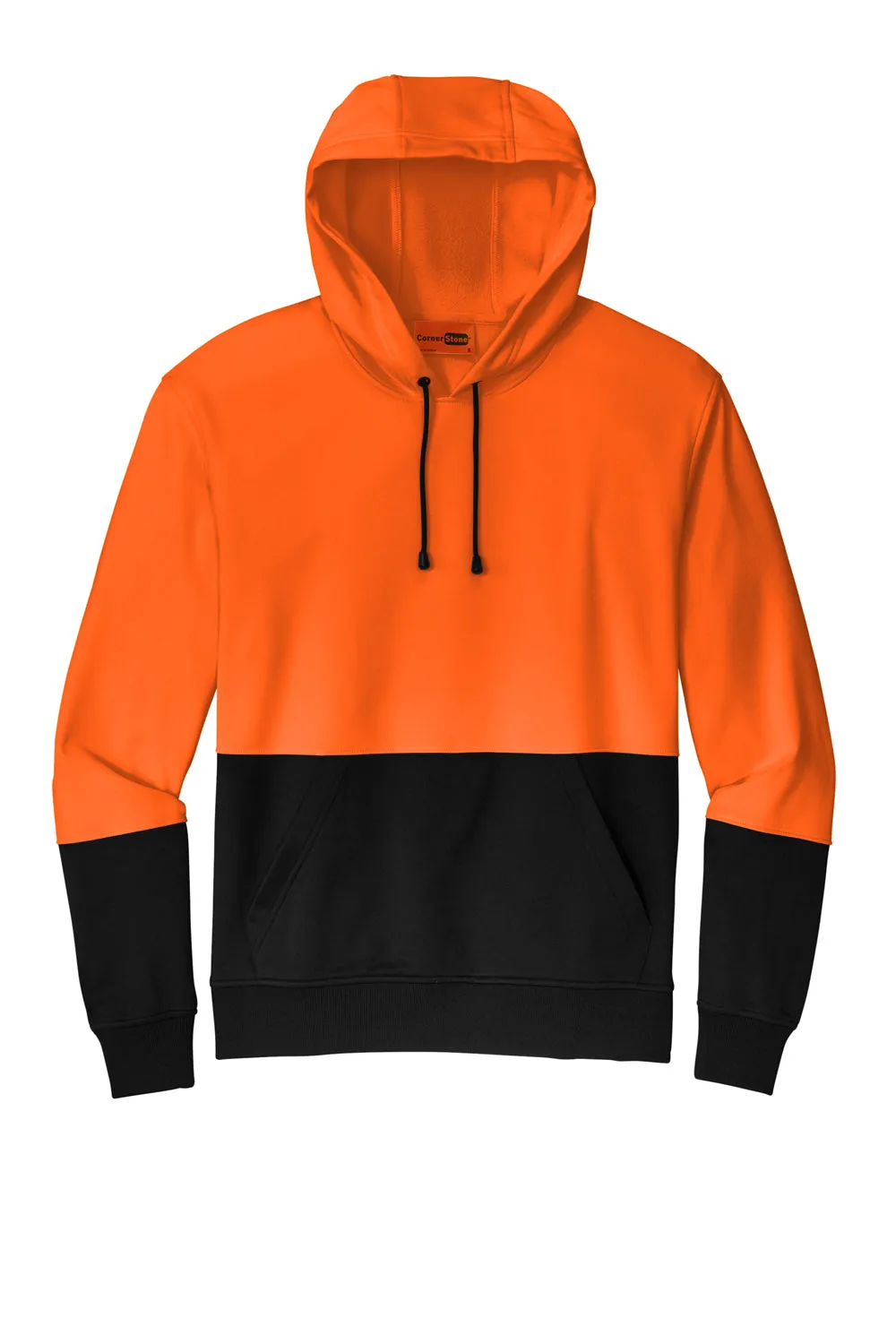 CornerStone Mens Enhanced Visibility Moisture Wicking Fleece Hooded Sweatshirt Hoodie w/ Pouch Pocket - Safety Orange