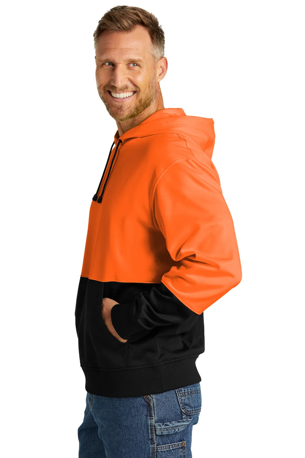 CornerStone Mens Enhanced Visibility Moisture Wicking Fleece Hooded Sweatshirt Hoodie w/ Pouch Pocket - Safety Orange