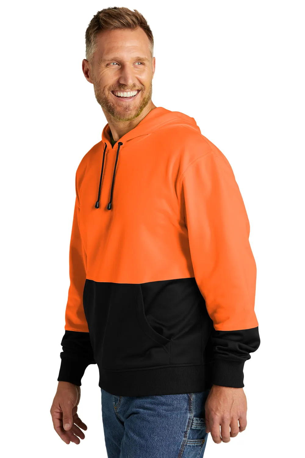 CornerStone Mens Enhanced Visibility Moisture Wicking Fleece Hooded Sweatshirt Hoodie w/ Pouch Pocket - Safety Orange