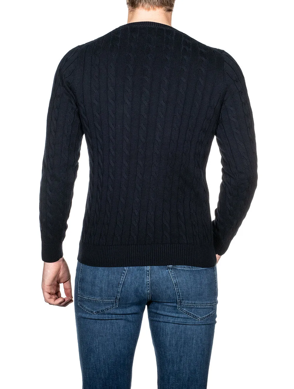 Cotton Cable Crew Neck Sweater Evening Blue