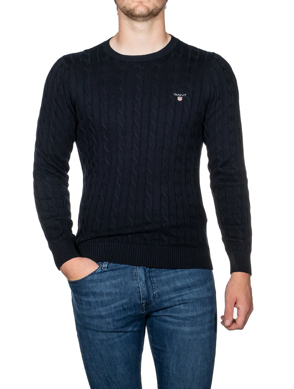 Cotton Cable Crew Neck Sweater Evening Blue