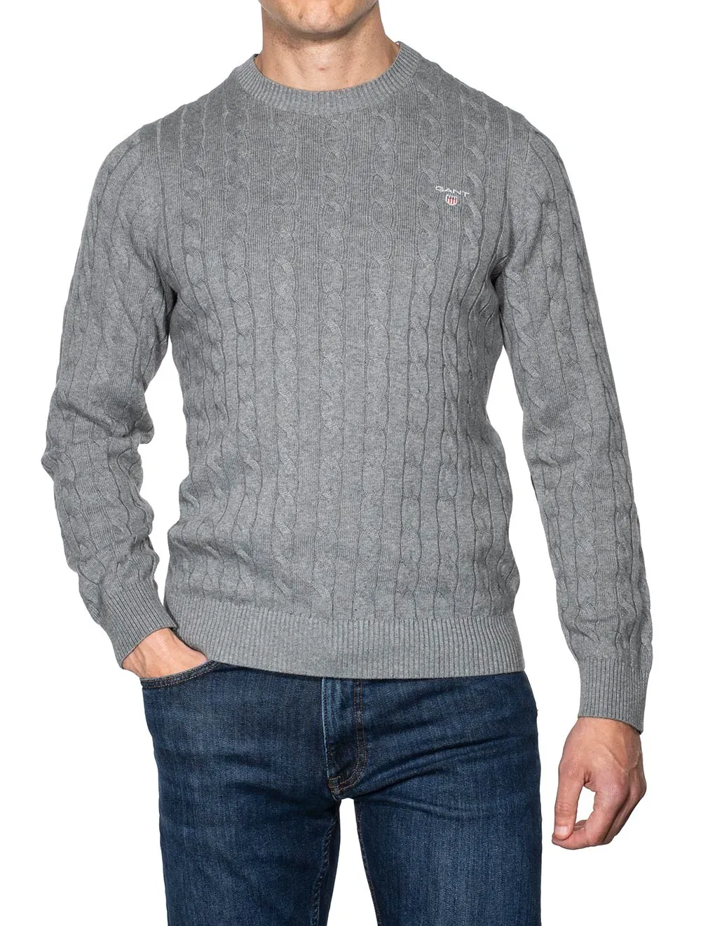 Cotton Cable Crew Neck Sweater Grey Melange