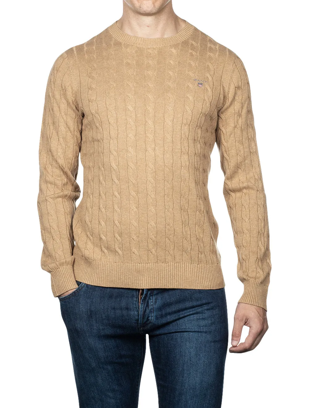 Cotton Cable Crew Neck Sweater Khaki Melange