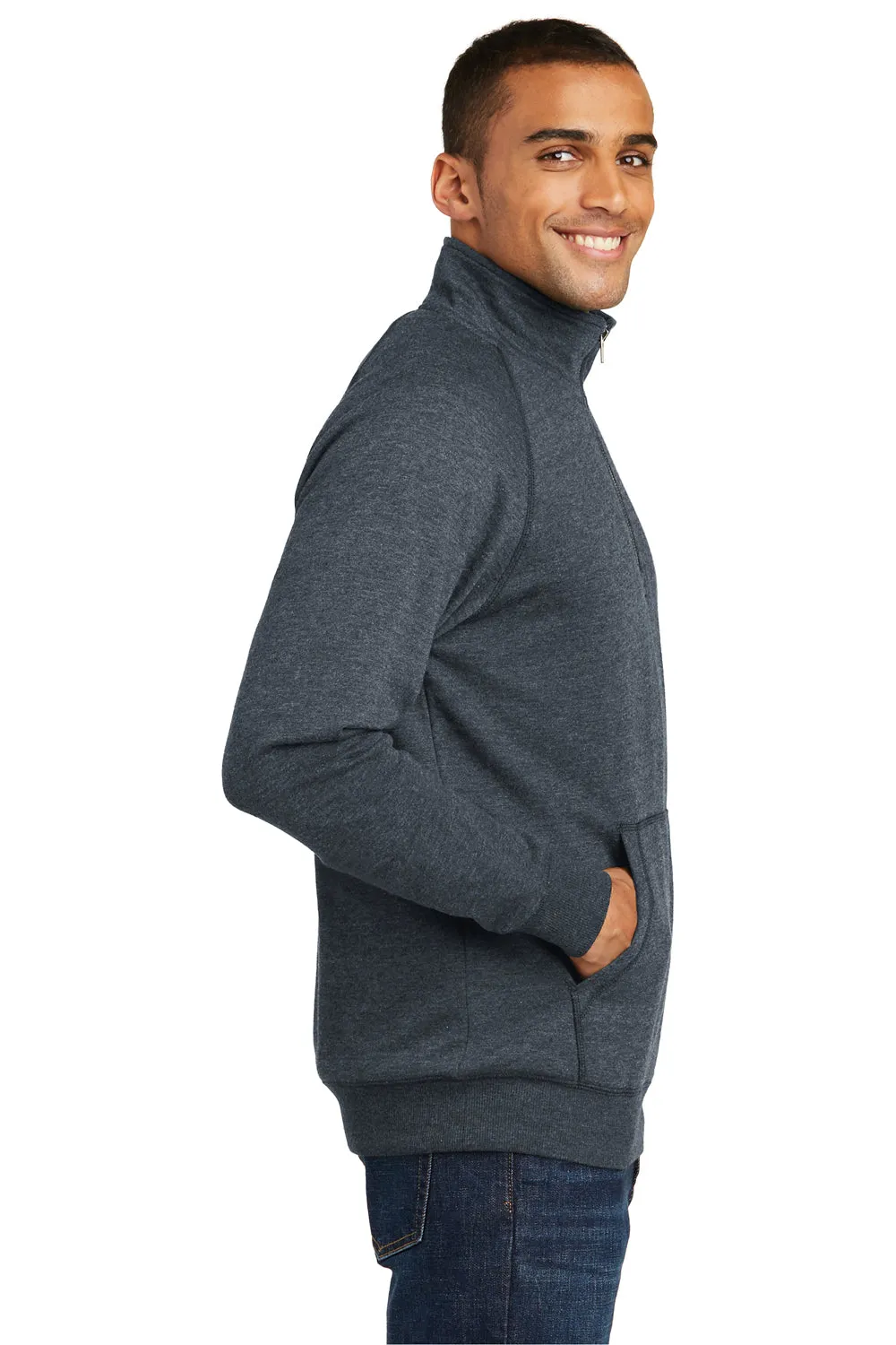 District Mens Fleece 1/4 Zip Sweatshirt w/ Pouch Pocket - Heather Navy Blue