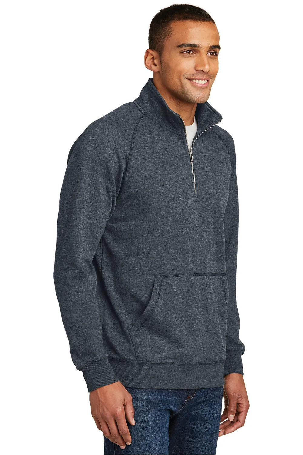 District Mens Fleece 1/4 Zip Sweatshirt w/ Pouch Pocket - Heather Navy Blue