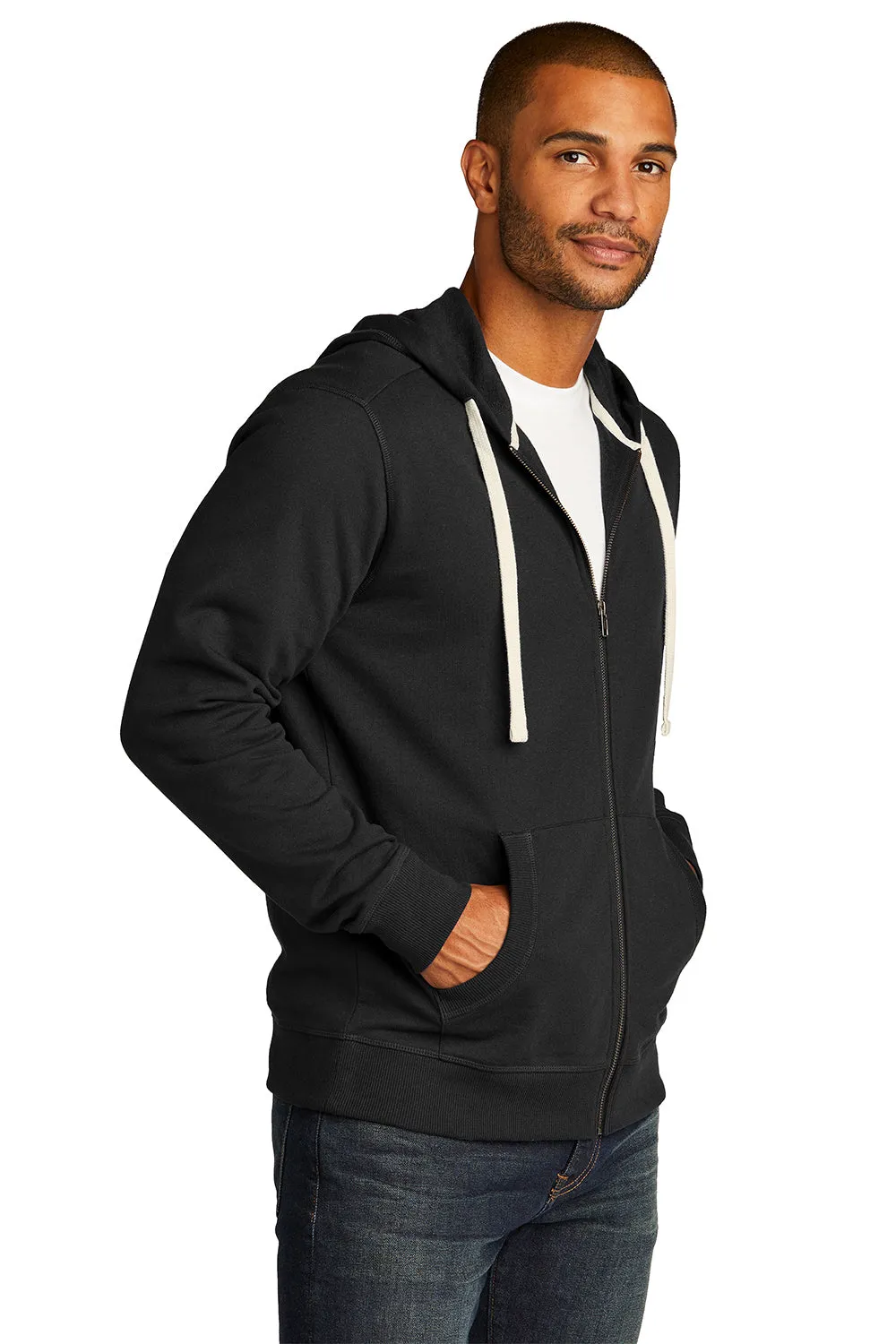 District Mens Re-Fleece Full Zip Hooded Sweatshirt Hoodie w/ Pockets - Black