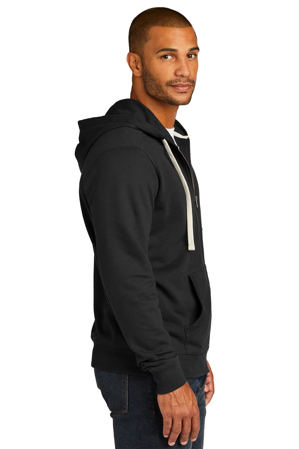 District Mens Re-Fleece Full Zip Hooded Sweatshirt Hoodie w/ Pockets - Black