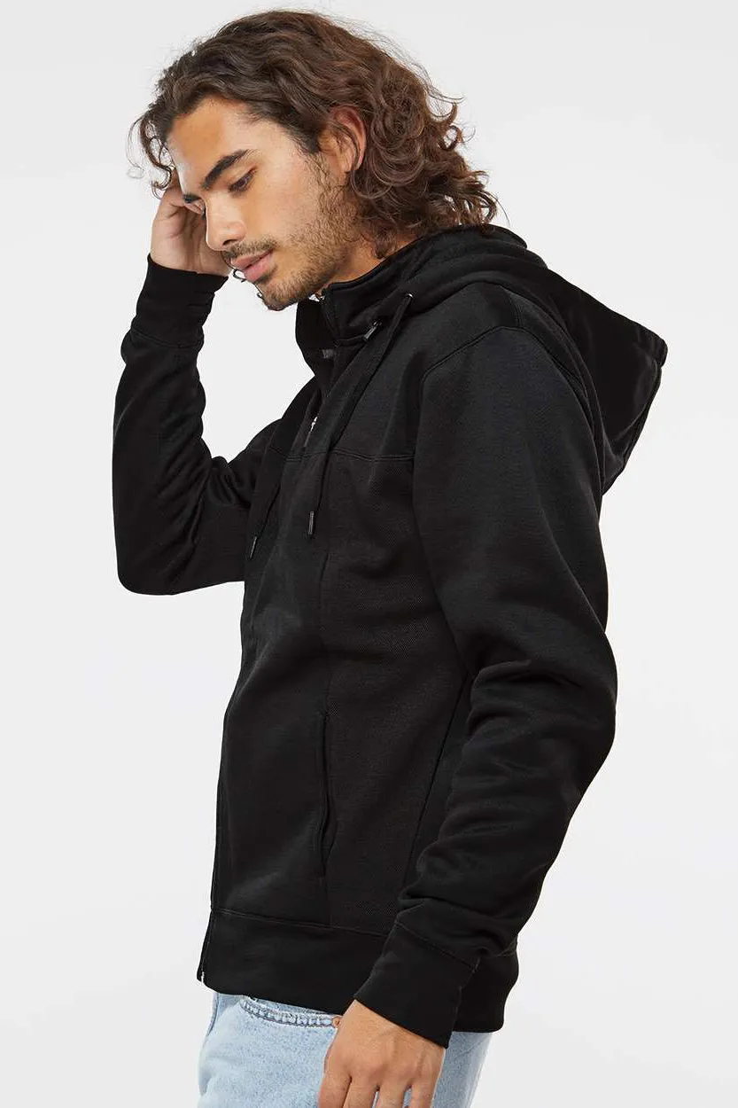 Independent Trading Company Mens Poly Tech Pill Resistant Full Zip Hooded Sweatshirt Hoodie w/ Pouch Pocket - Black