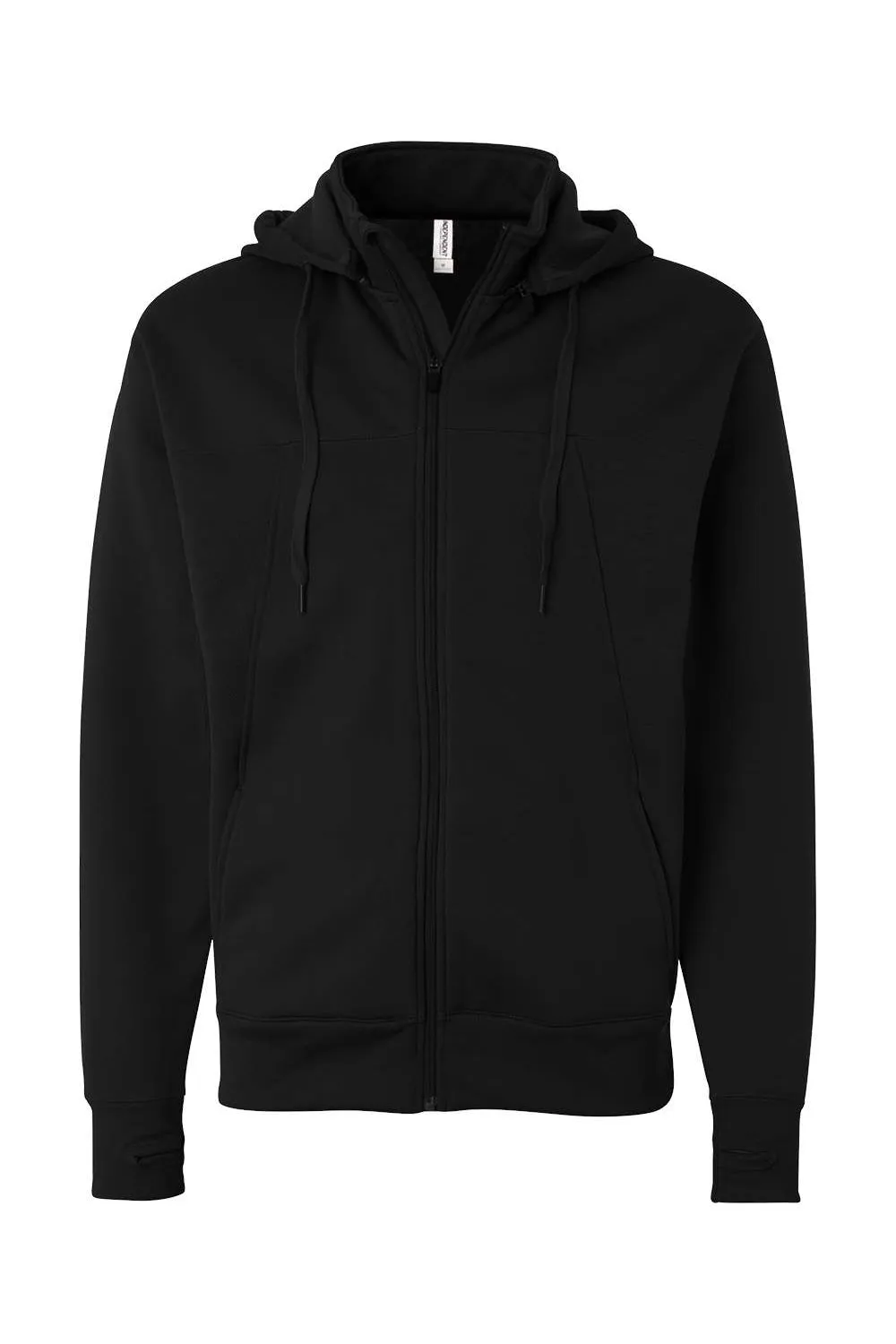 Independent Trading Company Mens Poly Tech Pill Resistant Full Zip Hooded Sweatshirt Hoodie w/ Pouch Pocket - Black