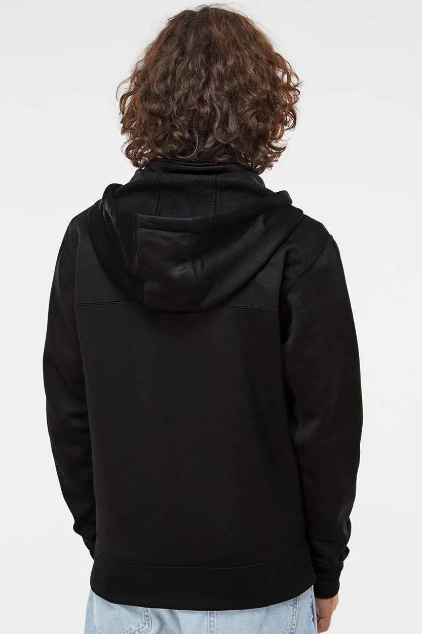 Independent Trading Company Mens Poly Tech Pill Resistant Full Zip Hooded Sweatshirt Hoodie w/ Pouch Pocket - Black