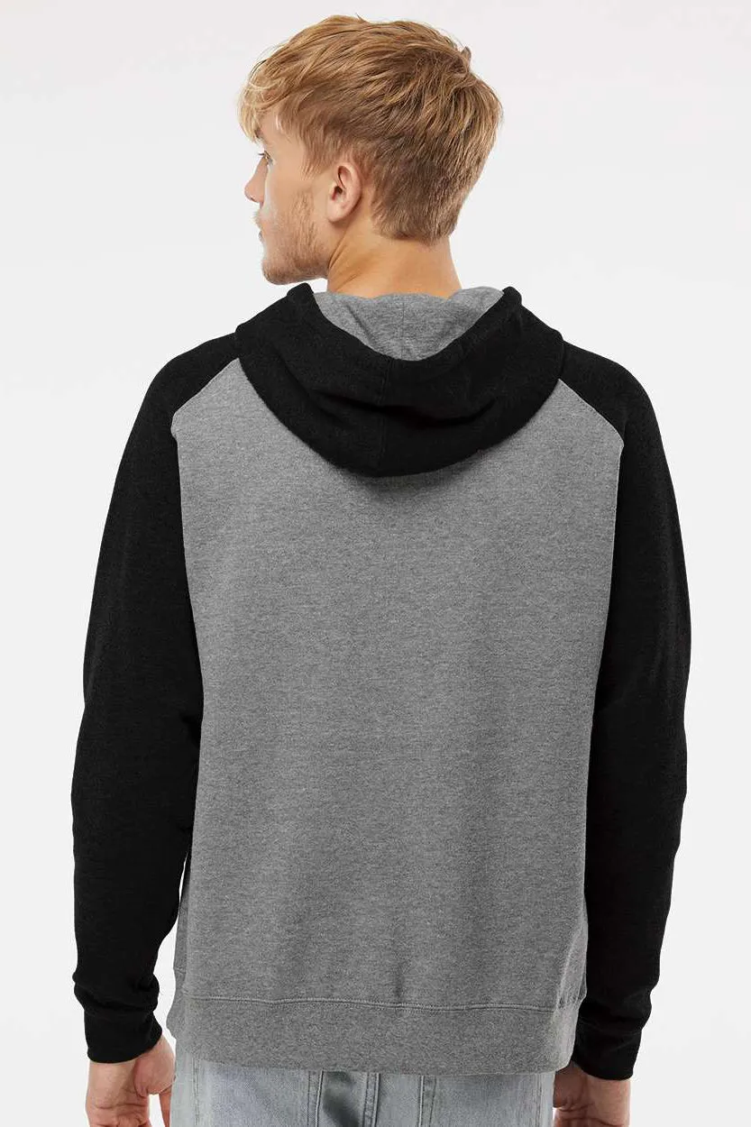 Independent Trading Company Mens Raglan Hooded Sweatshirt Hoodie w/ Pouch Pockets - Heather Gunmetal Grey/Black