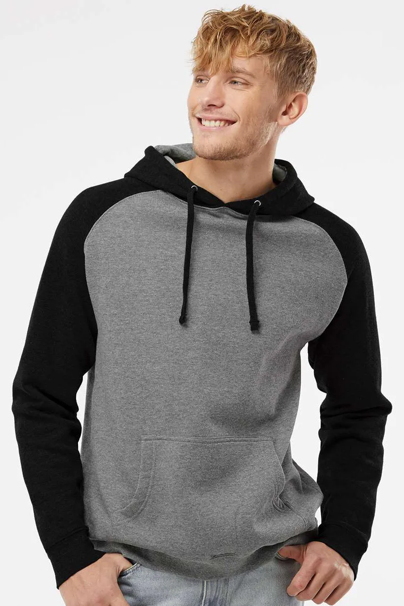 Independent Trading Company Mens Raglan Hooded Sweatshirt Hoodie w/ Pouch Pockets - Heather Gunmetal Grey/Black