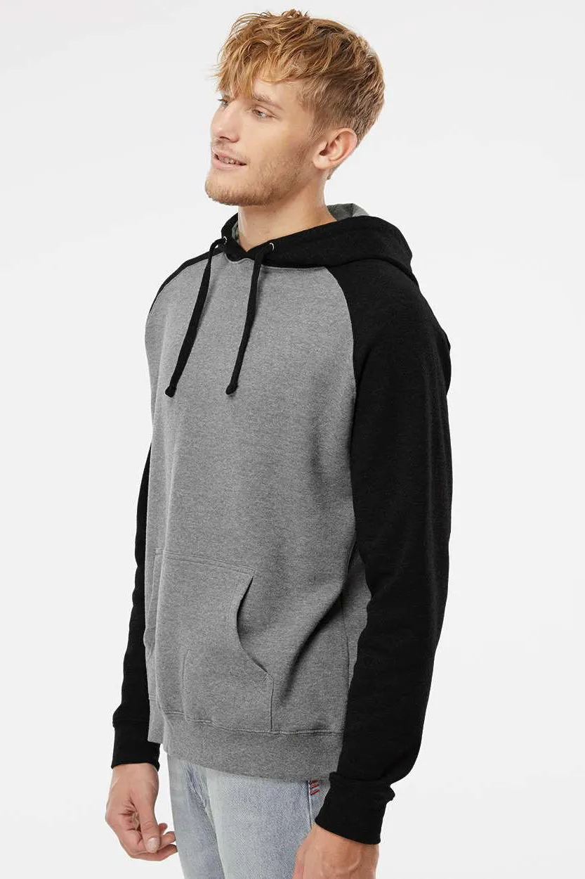 Independent Trading Company Mens Raglan Hooded Sweatshirt Hoodie w/ Pouch Pockets - Heather Gunmetal Grey/Black