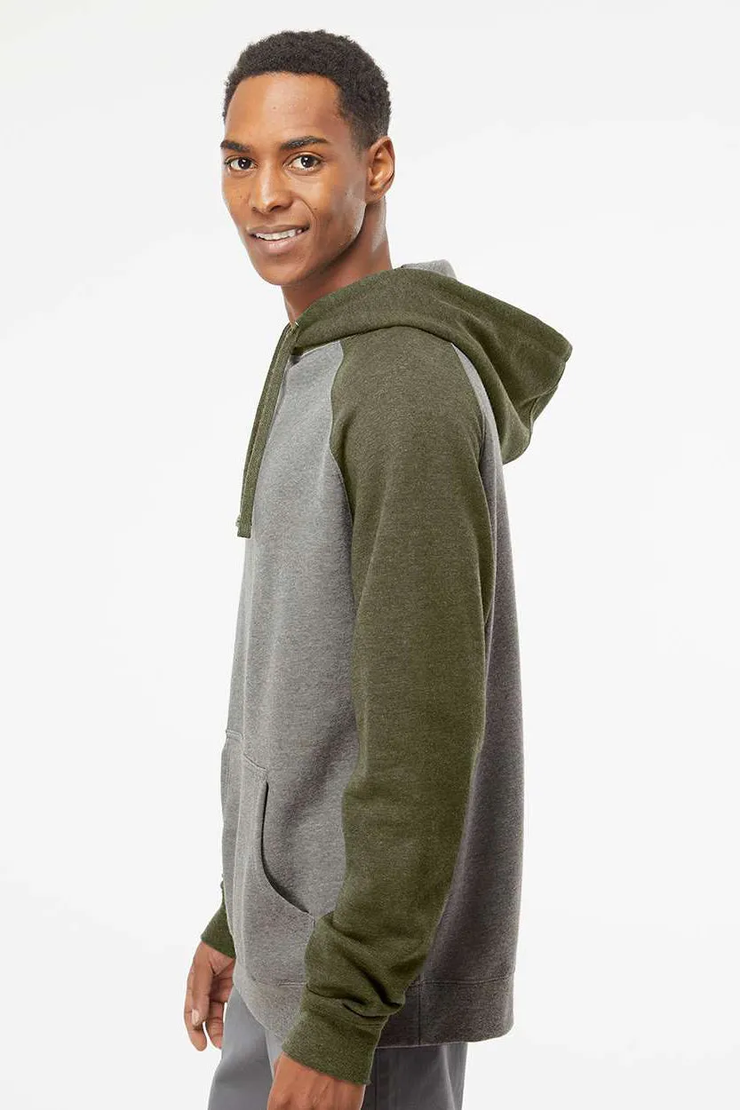 Independent Trading Company Mens Raglan Hooded Sweatshirt Hoodie w/ Pouch Pockets - Heather Gunmetal Grey/Heather Army Green