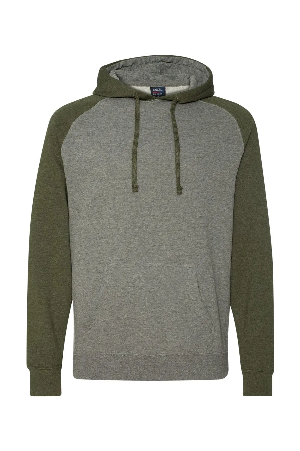 Independent Trading Company Mens Raglan Hooded Sweatshirt Hoodie w/ Pouch Pockets - Heather Gunmetal Grey/Heather Army Green