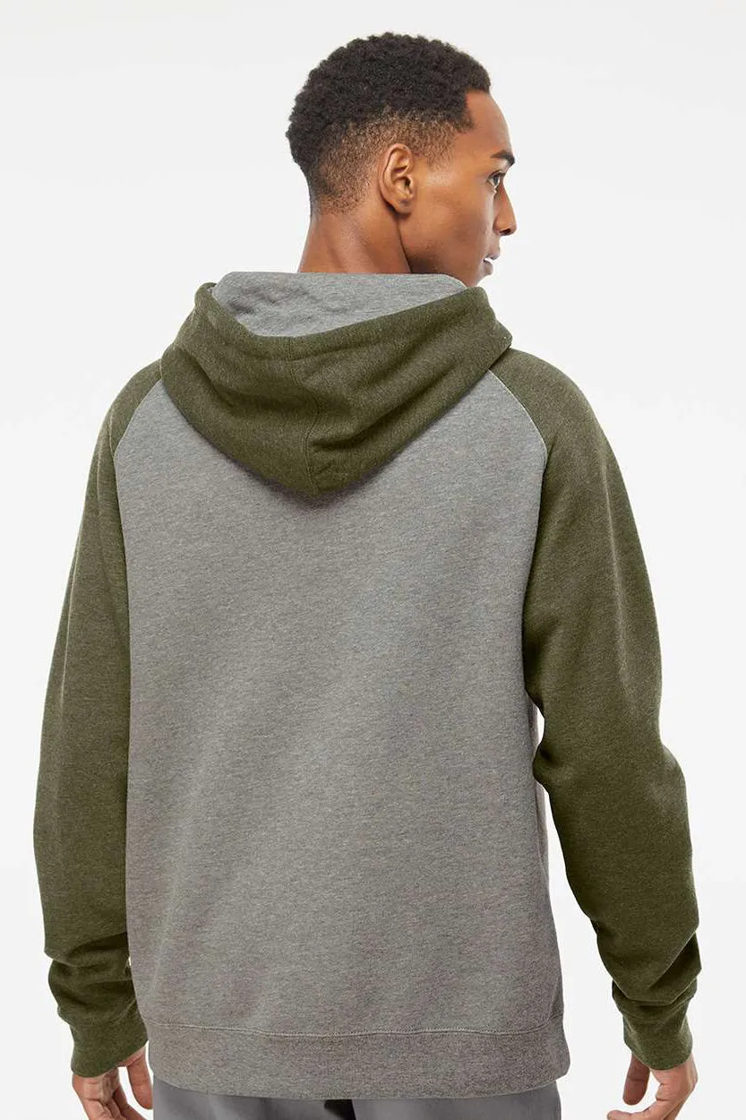 Independent Trading Company Mens Raglan Hooded Sweatshirt Hoodie w/ Pouch Pockets - Heather Gunmetal Grey/Heather Army Green