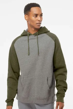 Independent Trading Company Mens Raglan Hooded Sweatshirt Hoodie w/ Pouch Pockets - Heather Gunmetal Grey/Heather Army Green