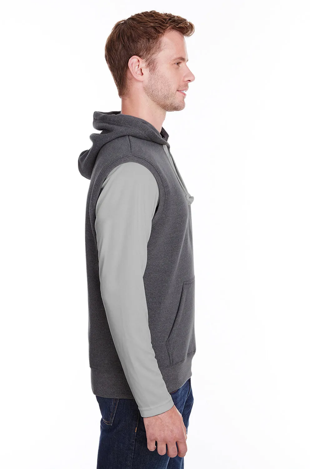 J America Mens Fleece Sleeveless Hooded Sweatshirt Hoodie w/ Pouch Pocket - Black Triblend
