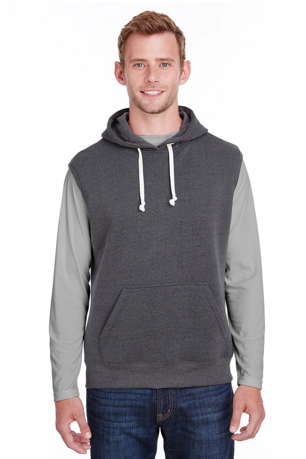 J America Mens Fleece Sleeveless Hooded Sweatshirt Hoodie w/ Pouch Pocket - Black Triblend