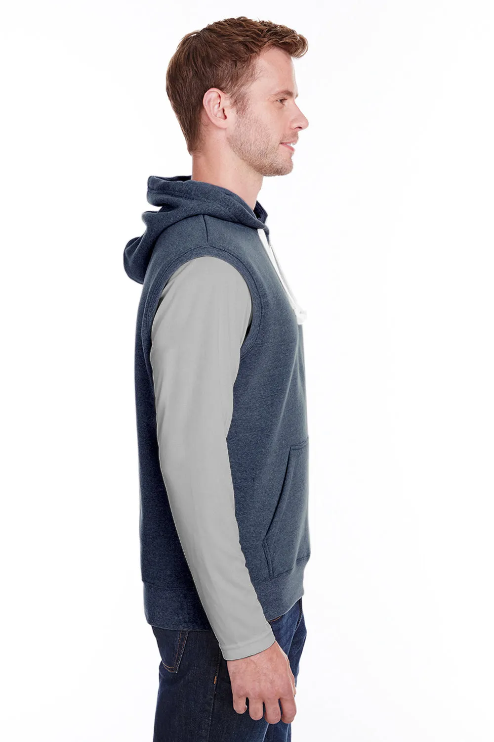 J America Mens Fleece Sleeveless Hooded Sweatshirt Hoodie w/ Pouch Pocket - True Navy Blue