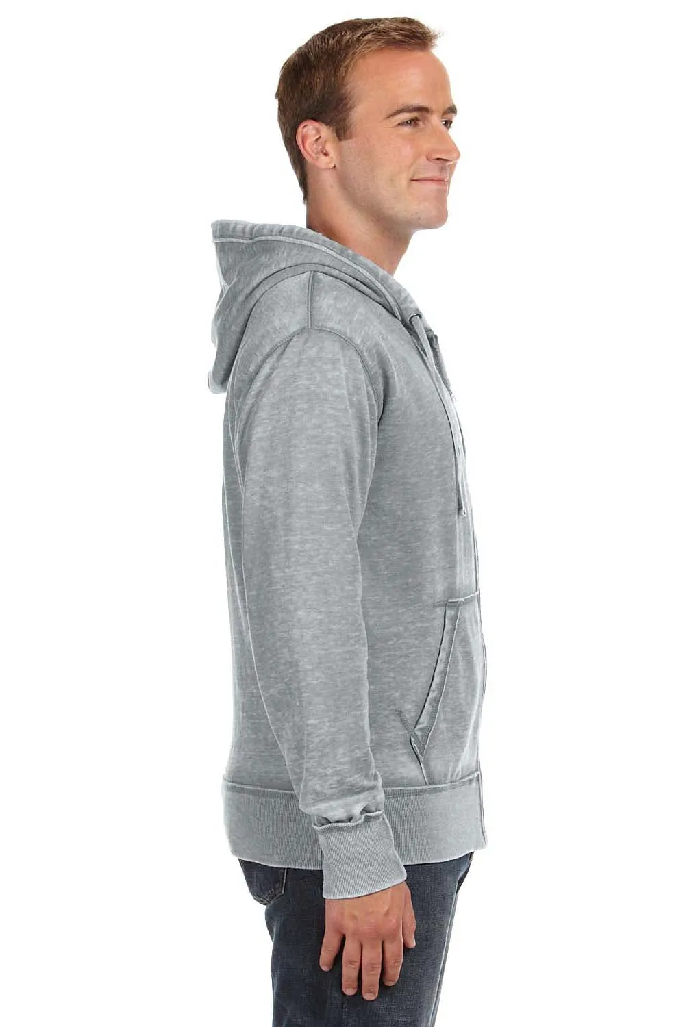 J America Mens Vintage Zen Burnout Fleece Full Zip Hooded Sweatshirt Hoodie w/ Pockets - Cement Grey