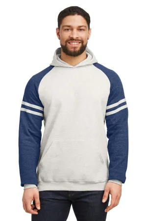 Jerzees Mens NuBlend Fleece Varsity Colorblock Hooded Sweatshirt Hoodie w/ Pouch Pocket - Heather Oatmeal/Indigo Blue